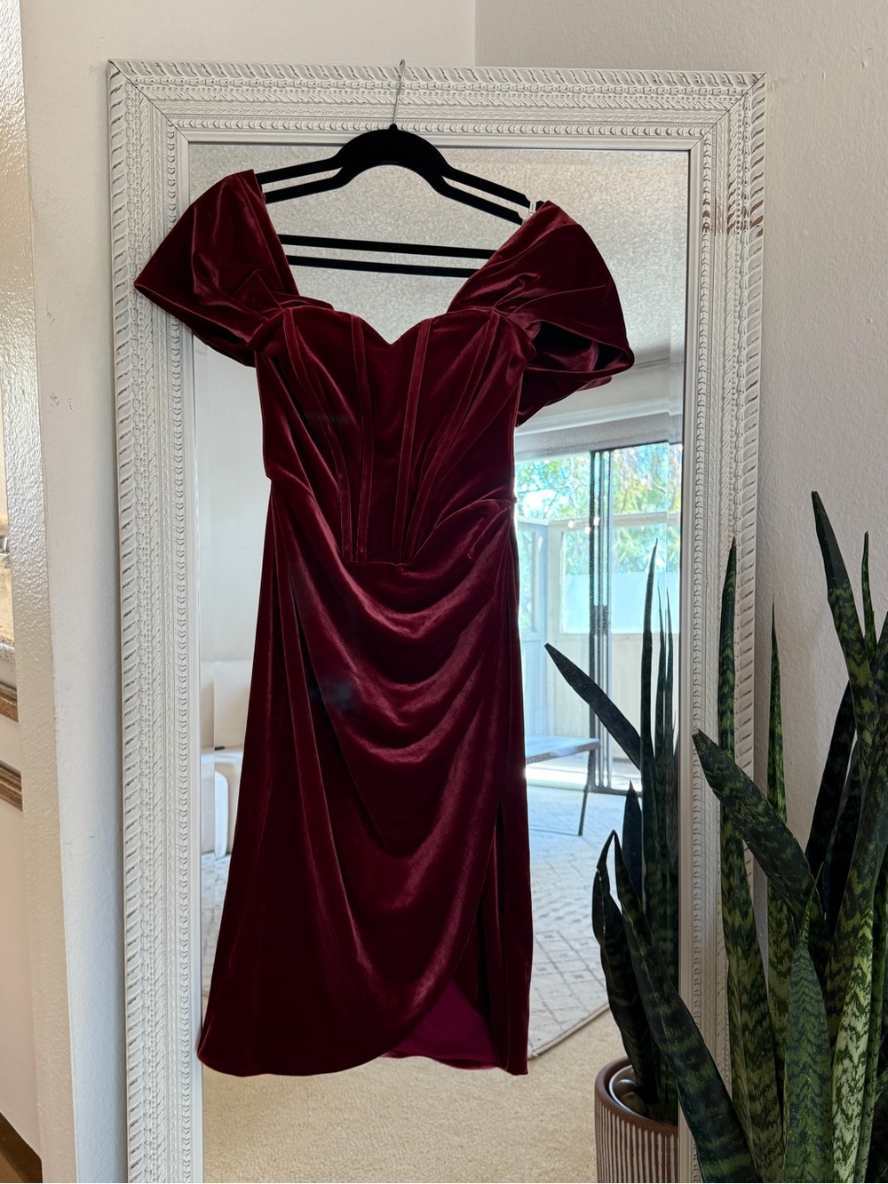Burgundy Velvet Strapless Off-Shoulder Evening Dress